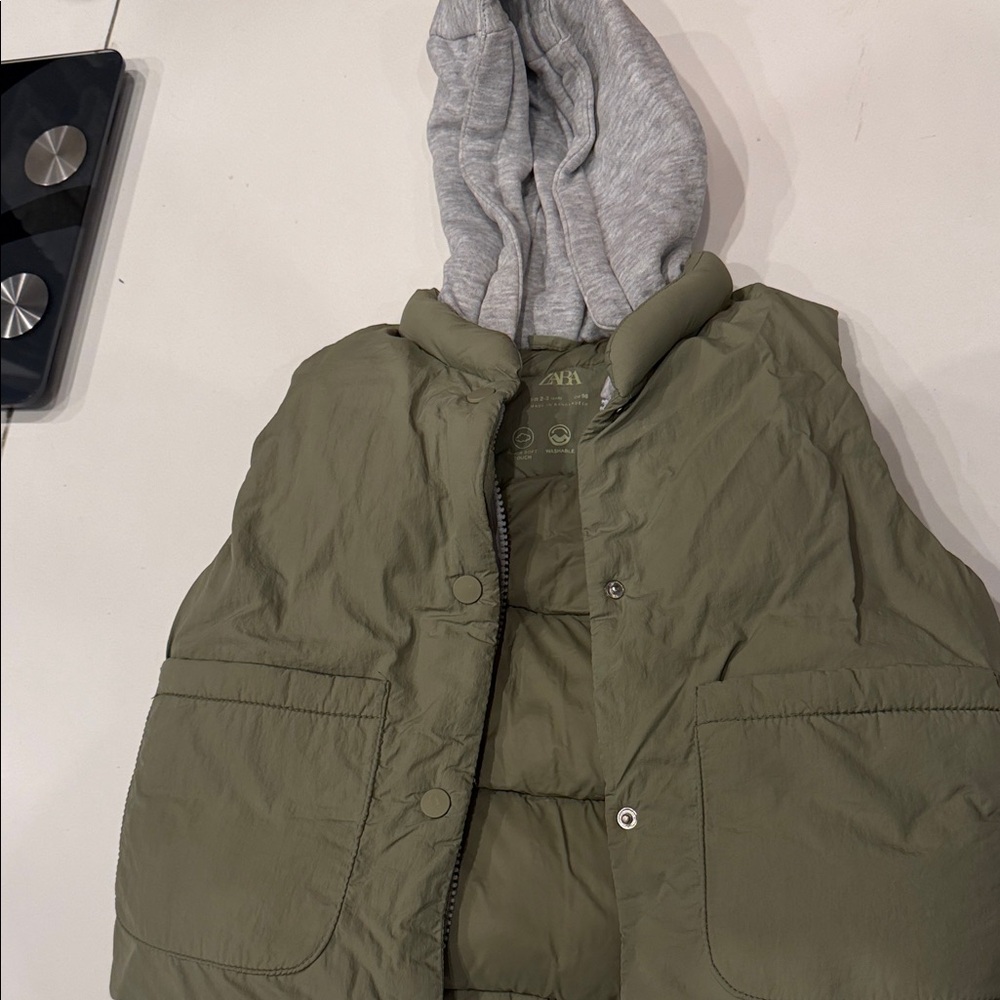 Zara Kids Olive Green Puffer Vest with Gray Hood